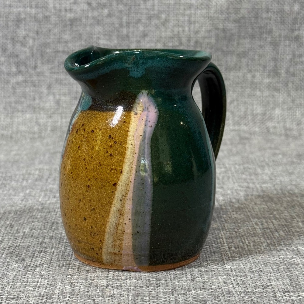 Spinner Studio Pottery Creamer 4.75" Teal Tan Blue Drip Glazed Stoneware 2000